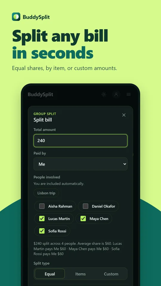 BuddySplit split bill screen dividing a total among selected friends with equal, items and custom options