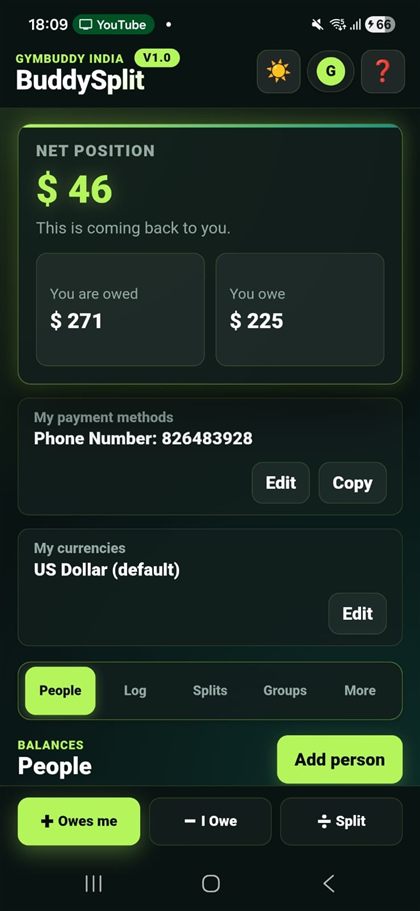 BuddySplit dashboard showing net position and amounts owed and owing