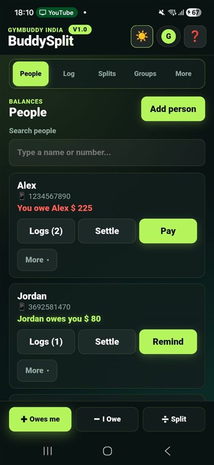 BuddySplit people list with settle and remind actions