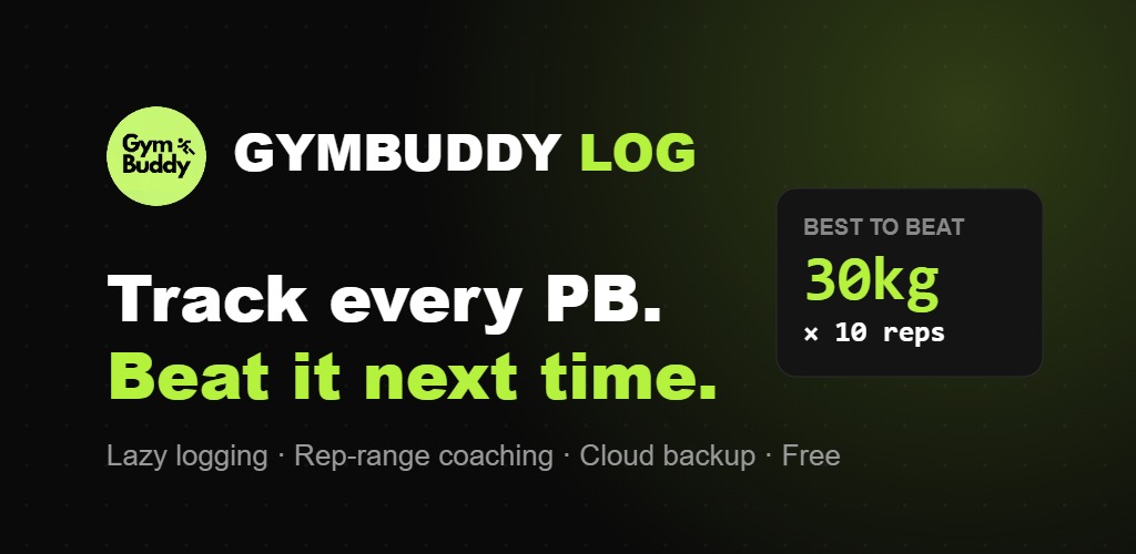 GymBuddy Log app graphic showing a personal best of 30kg for 10 reps
